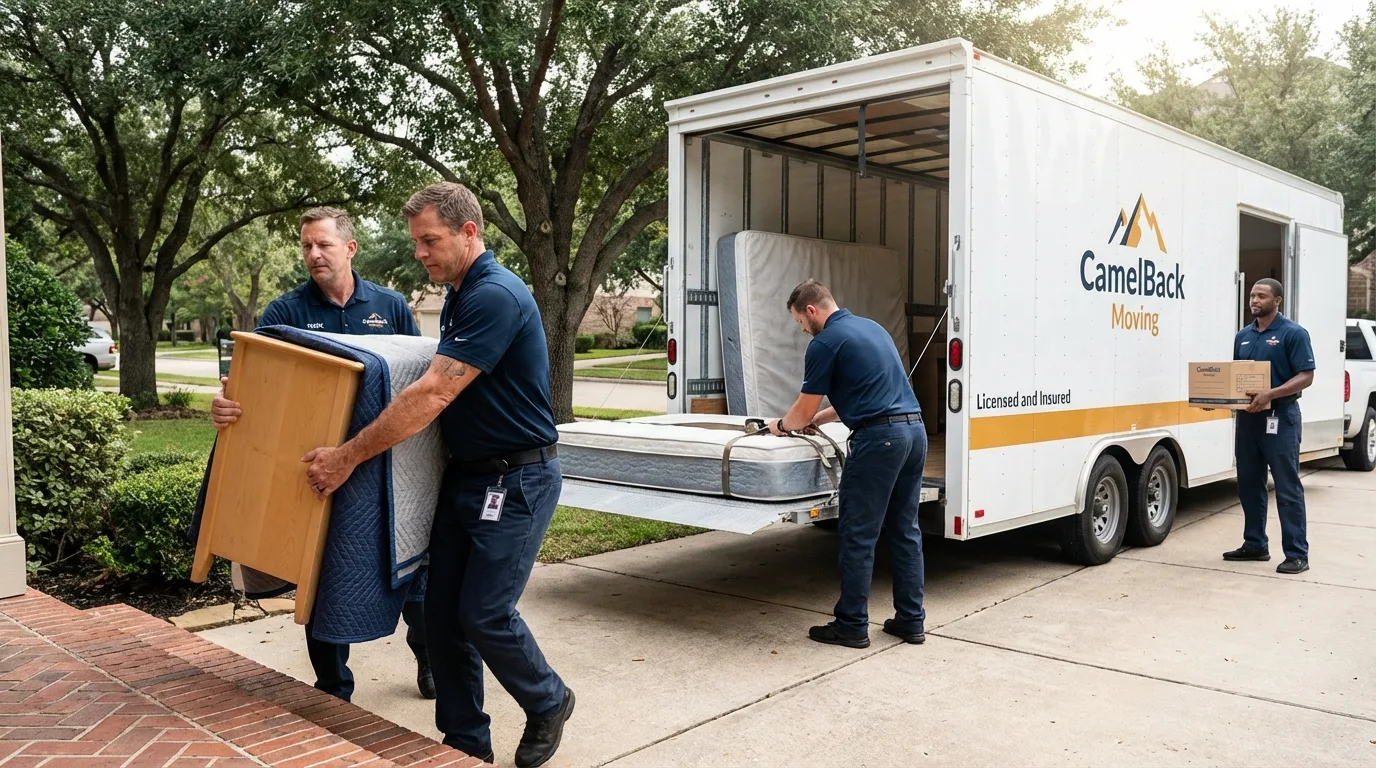 Crew loading residential truck for cross-state move from Stamps, AR