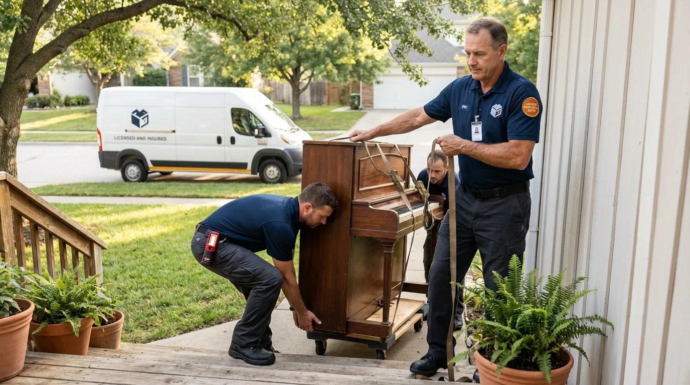 Licensed piano movers securing grand piano in Stamps, AR