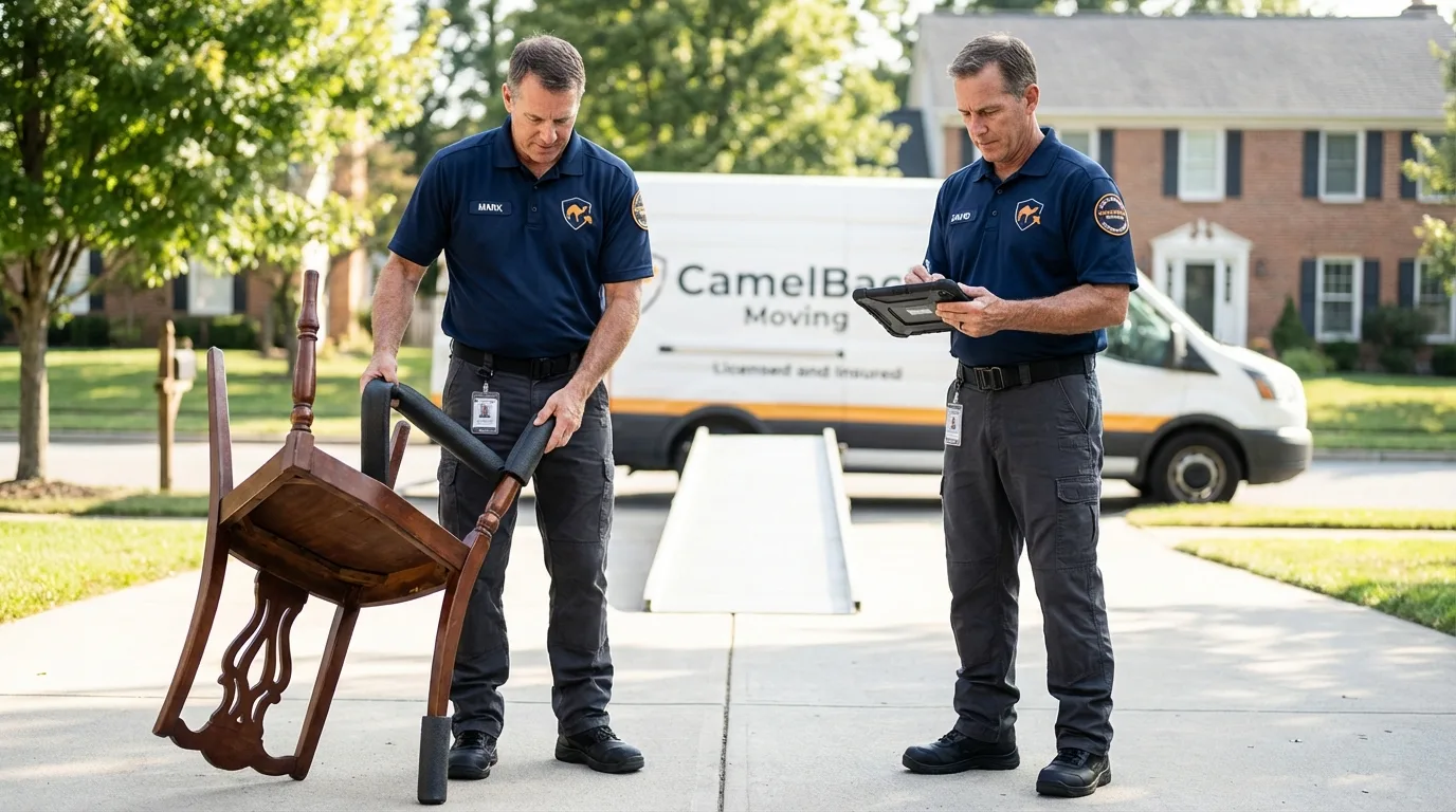 Movers inspecting furniture for damage prevention before loading in Stamps, AR